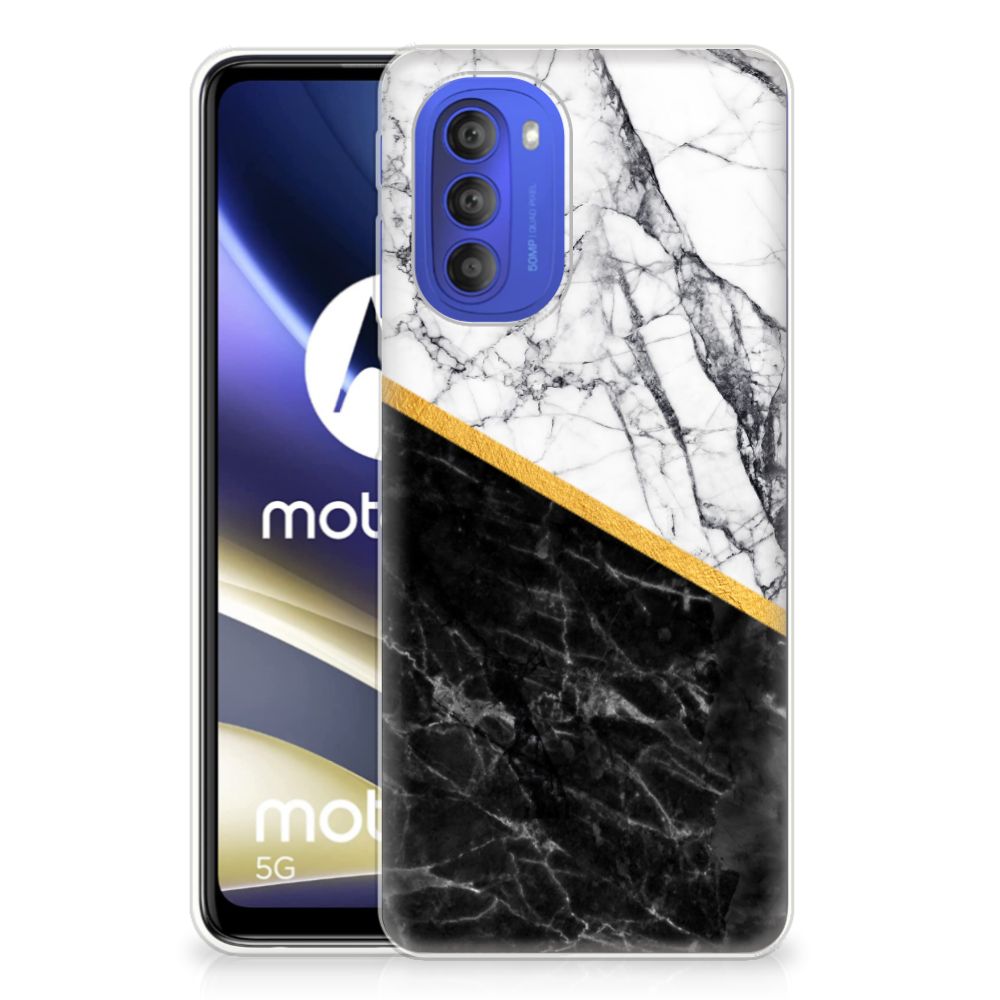 Motorola Moto G51 5G TPU Siliconen Hoesje Marmer Wit Zwart - Origineel Cadeau Man