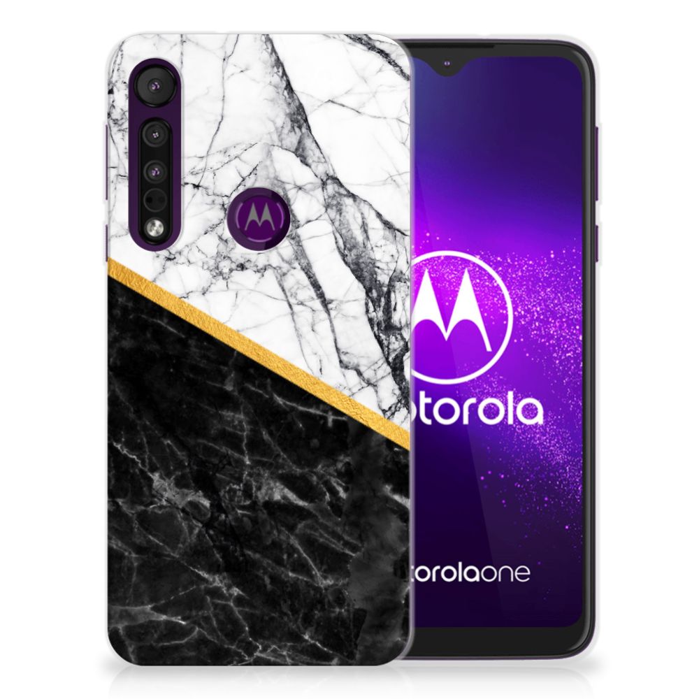 Motorola One Macro TPU Siliconen Hoesje Marmer Wit Zwart - Origineel Cadeau Man