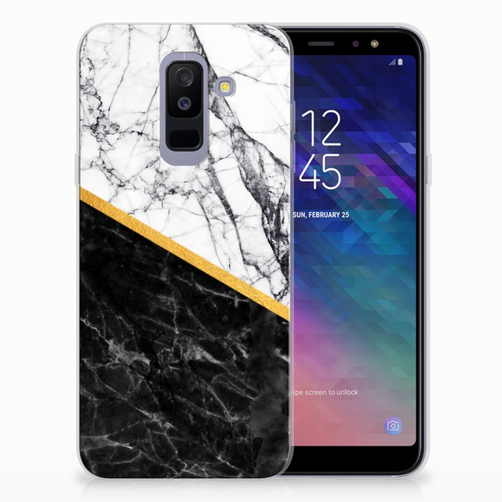Samsung Galaxy A6 Plus (2018) TPU Siliconen Hoesje Marmer Wit Zwart - Origineel Cadeau Man