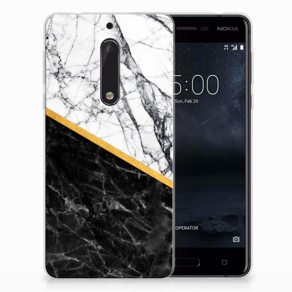 Nokia 5 TPU Siliconen Hoesje Marmer Wit Zwart - Origineel Cadeau Man