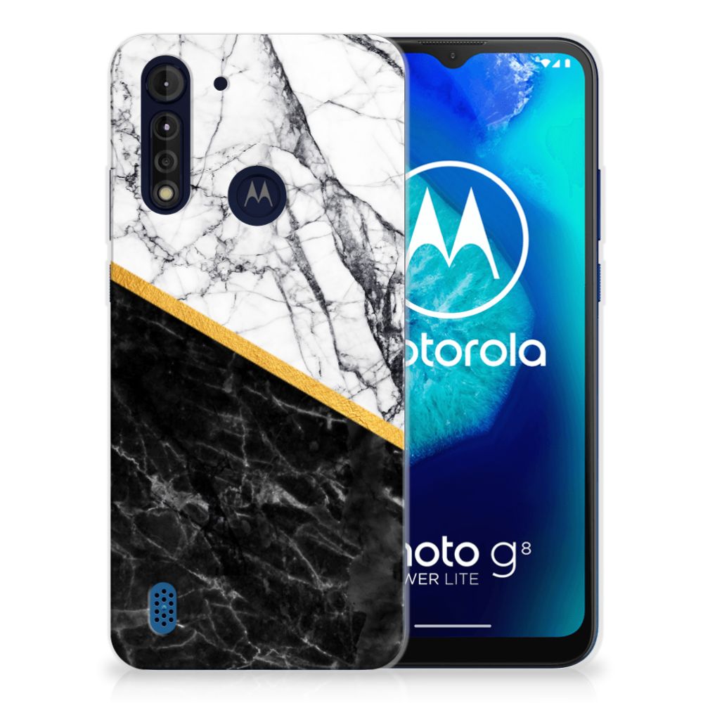 Motorola Moto G8 Power Lite TPU Siliconen Hoesje Marmer Wit Zwart - Origineel Cadeau Man
