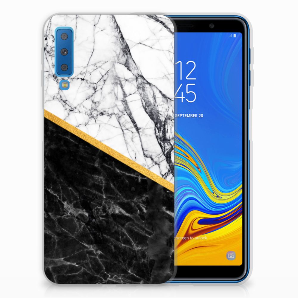 Samsung Galaxy A7 (2018) TPU Siliconen Hoesje Marmer Wit Zwart - Origineel Cadeau Man