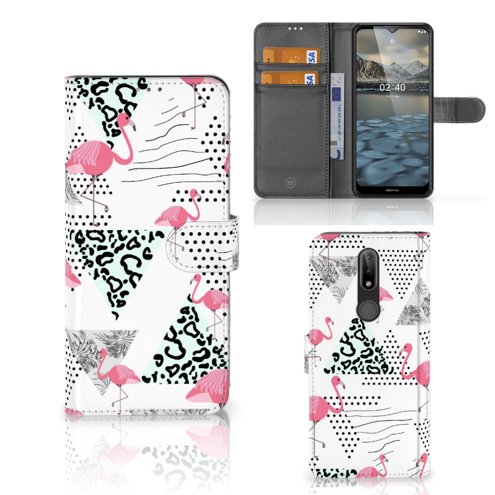 Nokia 2.4 Telefoonhoesje met Pasjes Flamingo Triangle