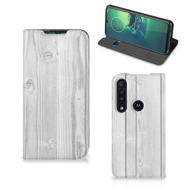 Motorola G8 Plus Book Wallet Case White Wood