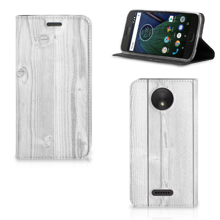 Motorola Moto C Plus Book Wallet Case White Wood