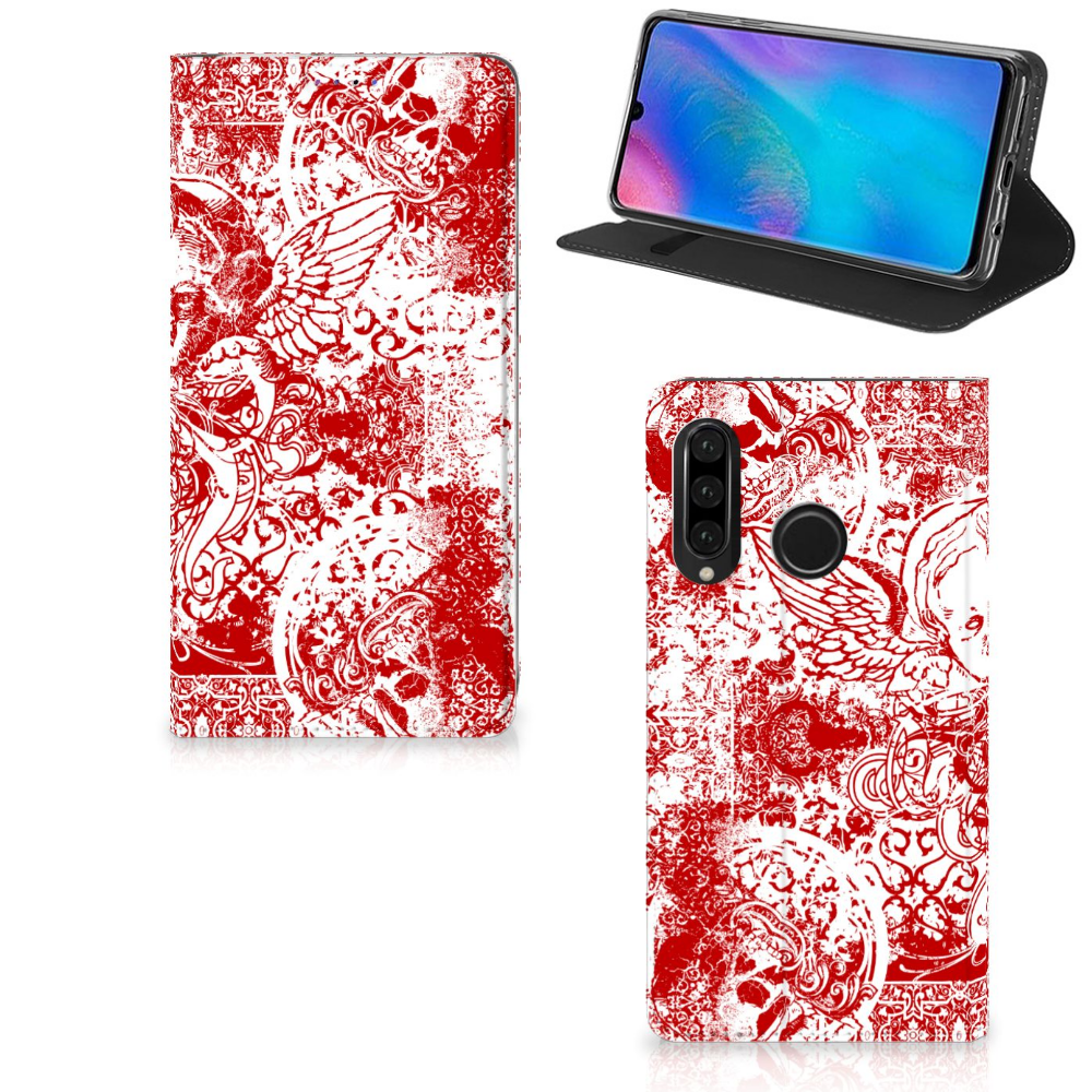 Mobiel BookCase Huawei P30 Lite New Edition Angel Skull Rood