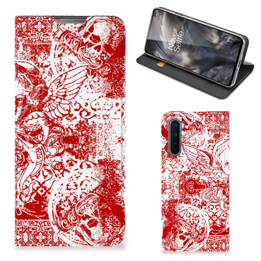 Mobiel BookCase OnePlus Nord Angel Skull Rood