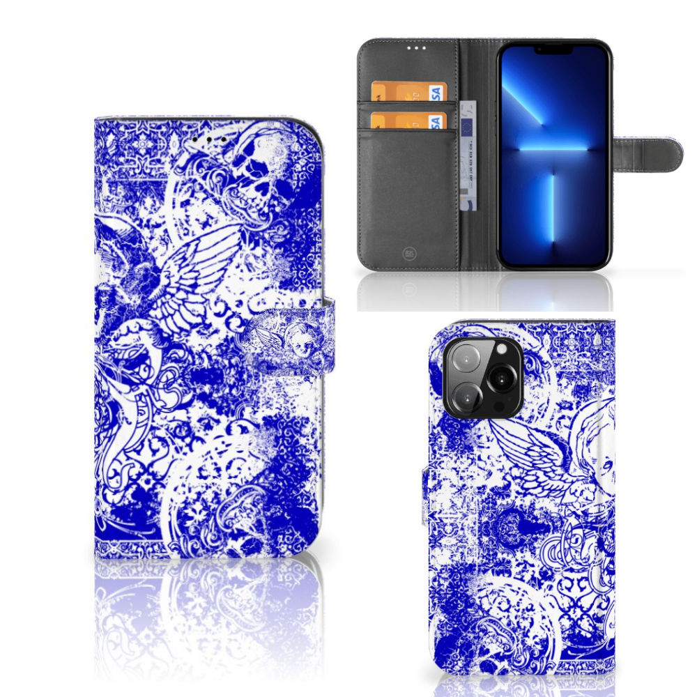 Telefoonhoesje met Naam iPhone 13 Pro Max Angel Skull Blauw
