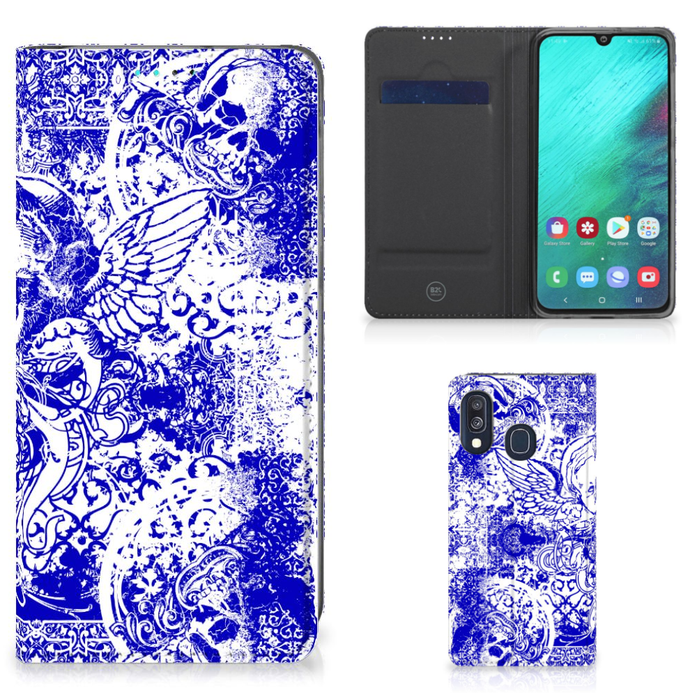 Mobiel BookCase Samsung Galaxy A40 Angel Skull Blauw