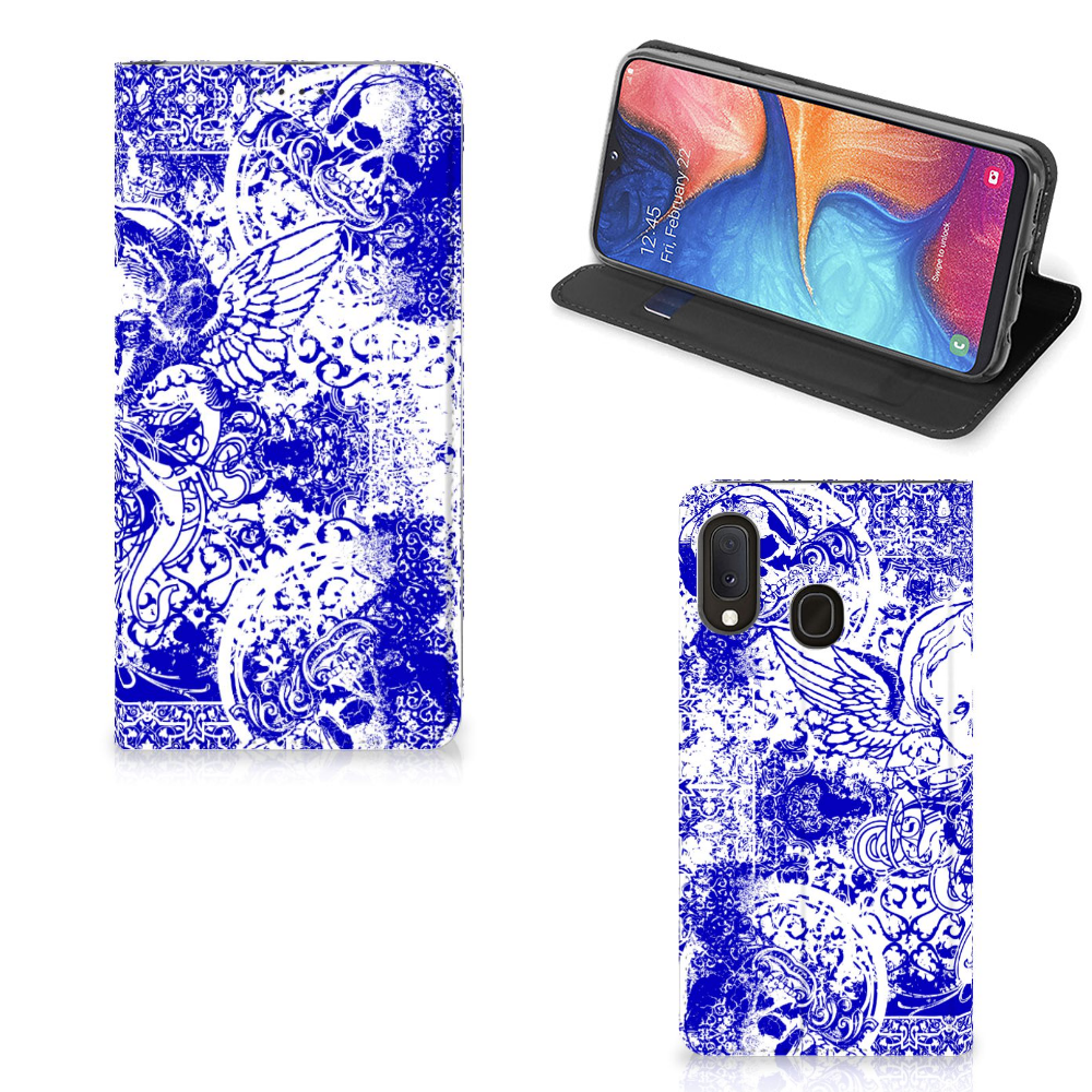 Mobiel BookCase Samsung Galaxy A20e Angel Skull Blauw