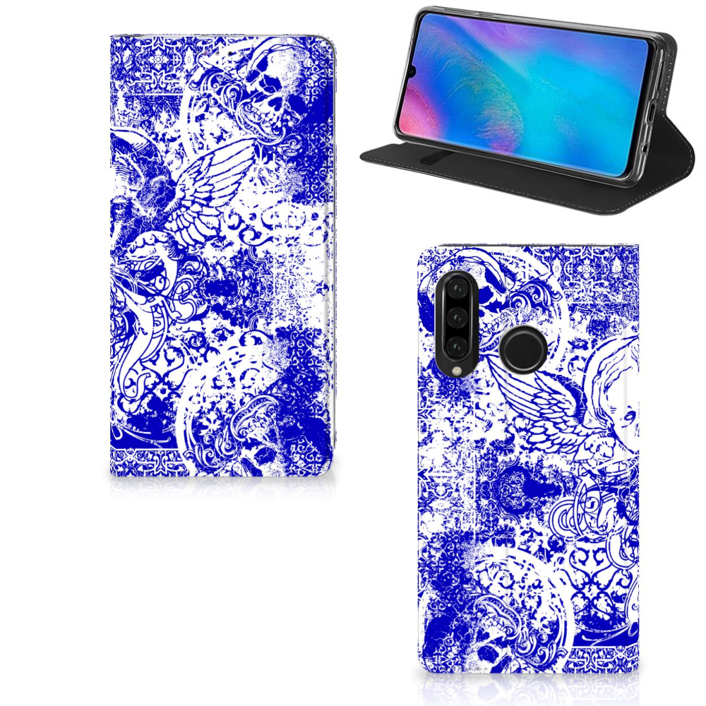 Mobiel BookCase Huawei P30 Lite New Edition Angel Skull Blauw
