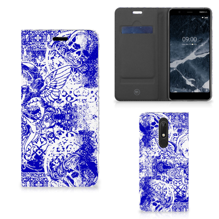 Mobiel BookCase Nokia 5.1 (2018) Angel Skull Blauw