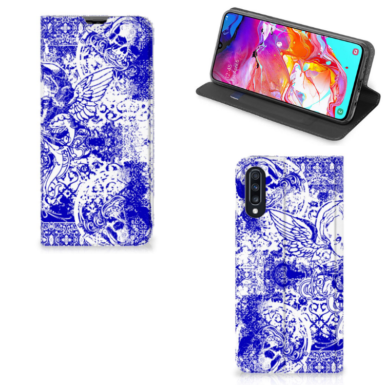 Mobiel BookCase Samsung Galaxy A70 Angel Skull Blauw