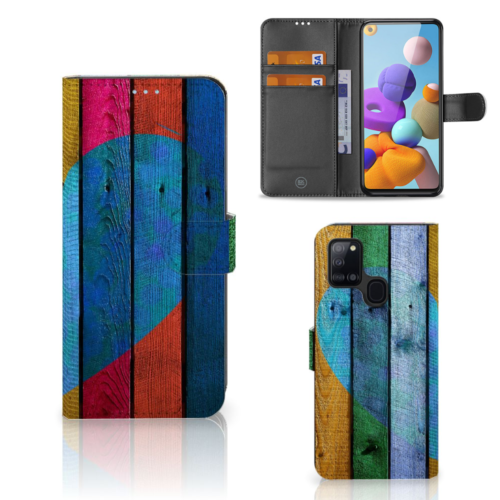 Samsung Galaxy A21s Book Style Case Wood Heart - Cadeau voor je Vriend