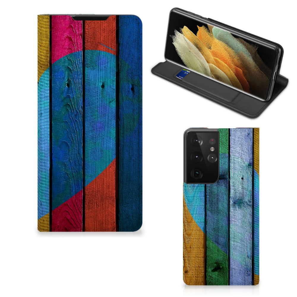 Samsung Galaxy S21 Ultra Book Wallet Case Wood Heart - Cadeau voor je Vriend