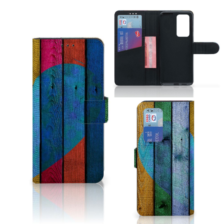 Huawei P40 Pro Book Style Case Wood Heart - Cadeau voor je Vriend