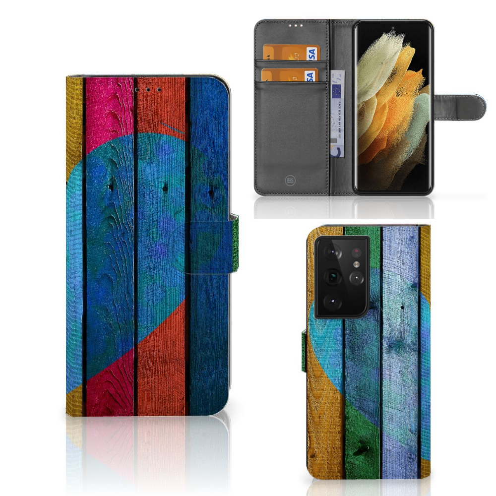 Samsung Galaxy S21 Ultra Book Style Case Wood Heart - Cadeau voor je Vriend