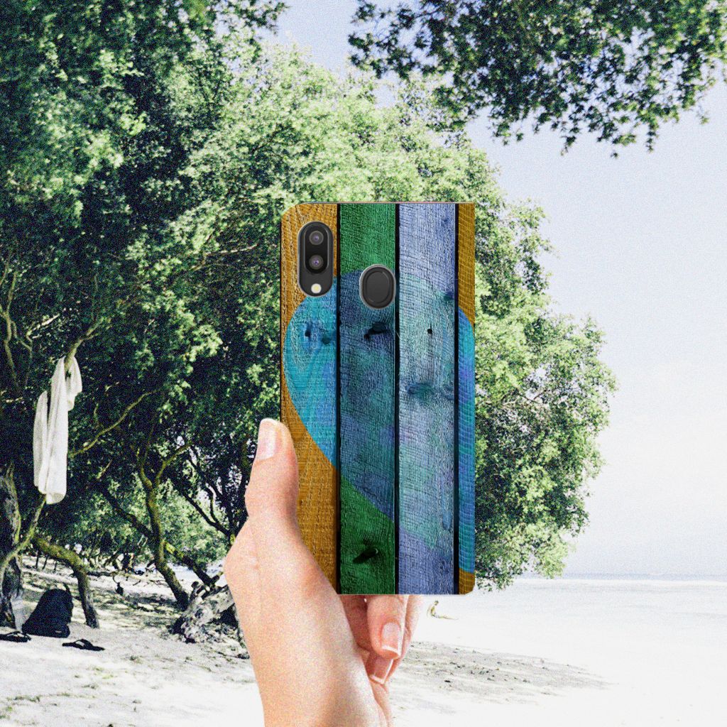 Samsung Galaxy M20 Book Wallet Case Wood Heart - Cadeau voor je Vriend