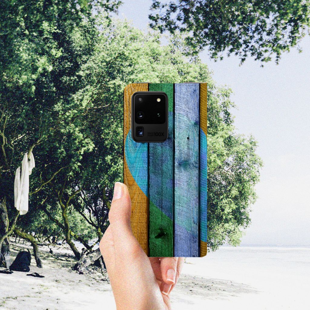 Samsung Galaxy S20 Ultra Book Wallet Case Wood Heart - Cadeau voor je Vriend