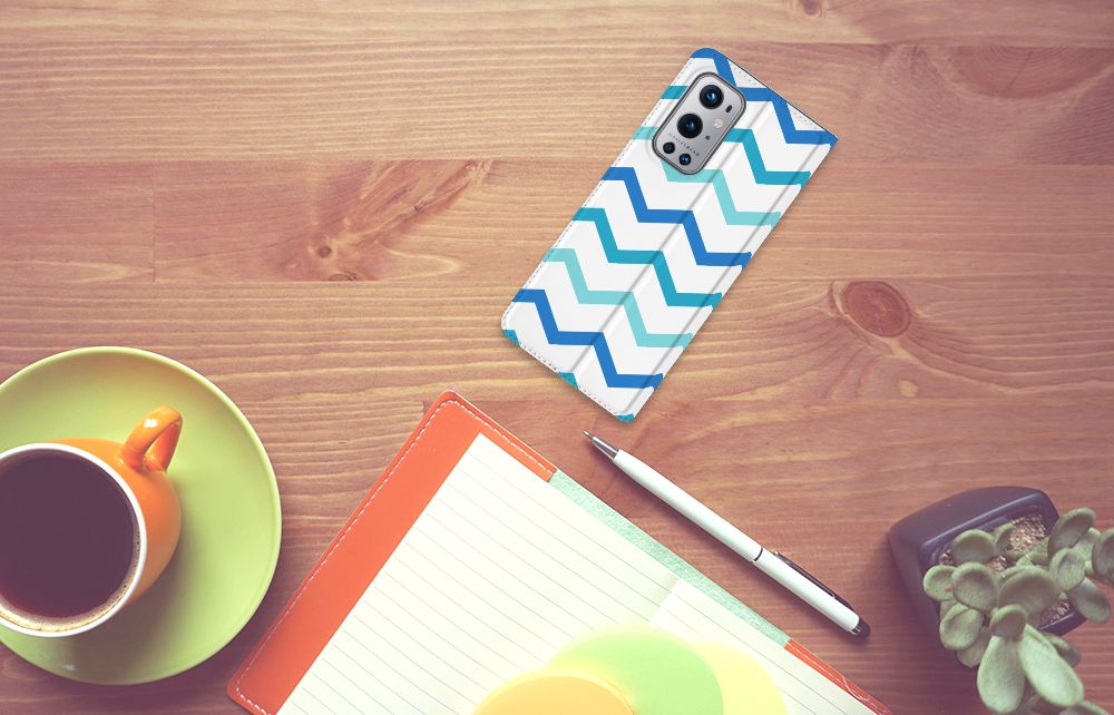 OnePlus 9 Pro Hoesje met Magneet Zigzag Blauw