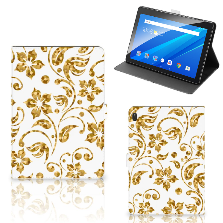 Lenovo Tab E10 Tablet Cover Gouden Bloemen