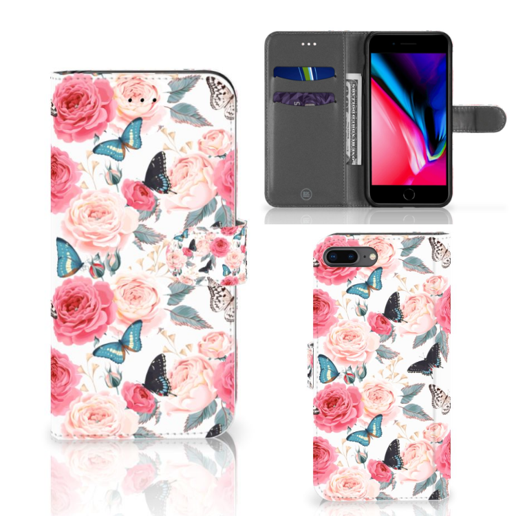 Apple iPhone 7 Plus | 8 Plus Uniek Boekhoesje Butterfly Roses