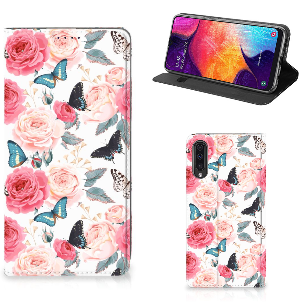 Samsung Galaxy A50 Uniek Standcase Hoesje Butterfly Roses