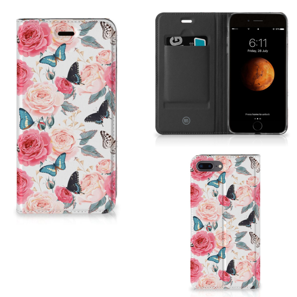 Apple iPhone 7 Plus | 8 Plus Uniek Standcase Hoesje Butterfly Roses