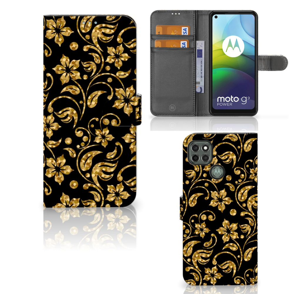 Motorola Moto G9 Power Hoesje Gouden Bloemen
