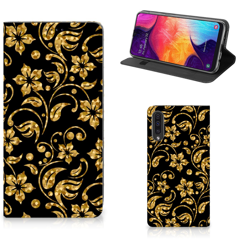 Samsung Galaxy A50 Standcase Hoesje Design Gouden Bloemen