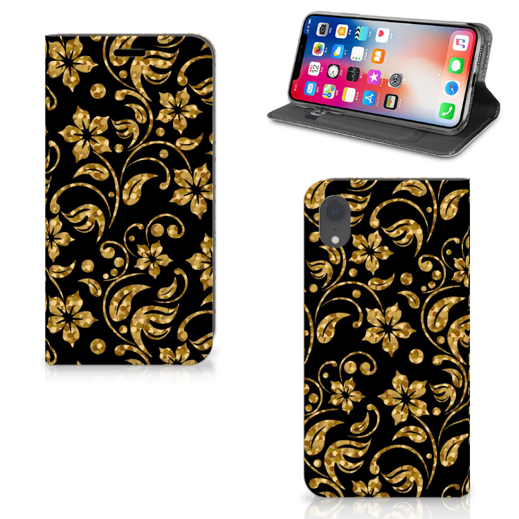 Apple iPhone Xr Standcase Hoesje Design Gouden Bloemen