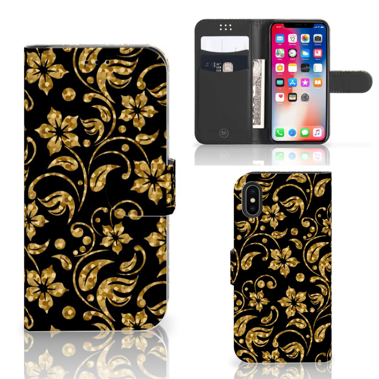 Apple iPhone X | Xs Boekhoesje Design Gouden Bloemen