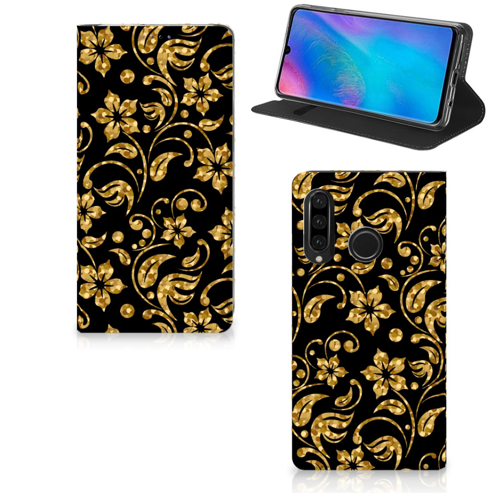 Huawei P30 Lite New Edition Smart Cover Gouden Bloemen