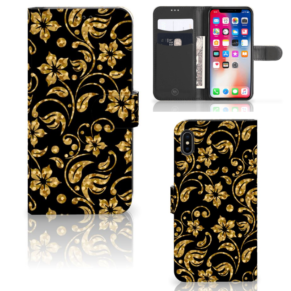 Apple iPhone Xs Max Boekhoesje Design Gouden Bloemen