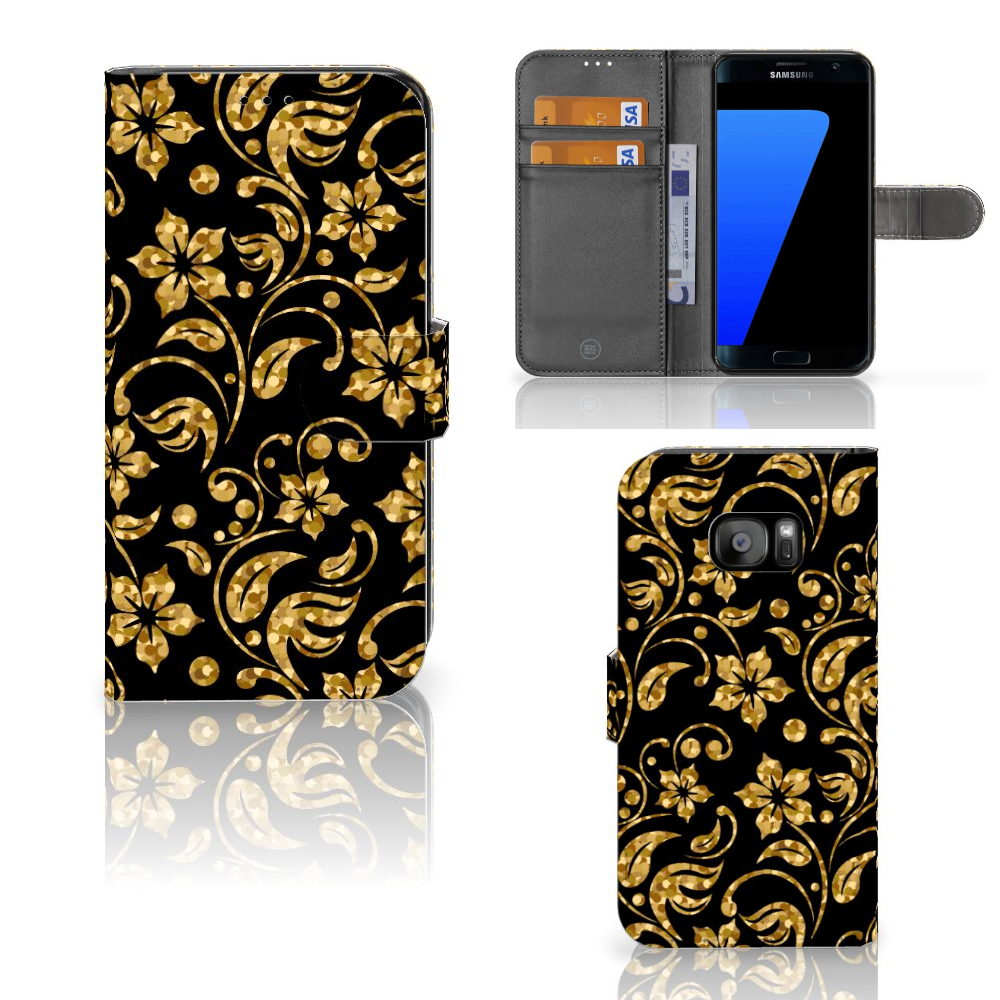 Samsung Galaxy S7 Edge Boekhoesje Design Gouden Bloemen