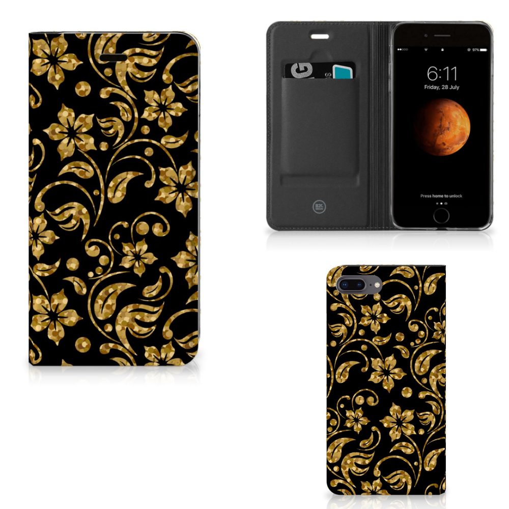 Apple iPhone 7 Plus | 8 Plus Standcase Hoesje Design Gouden Bloemen