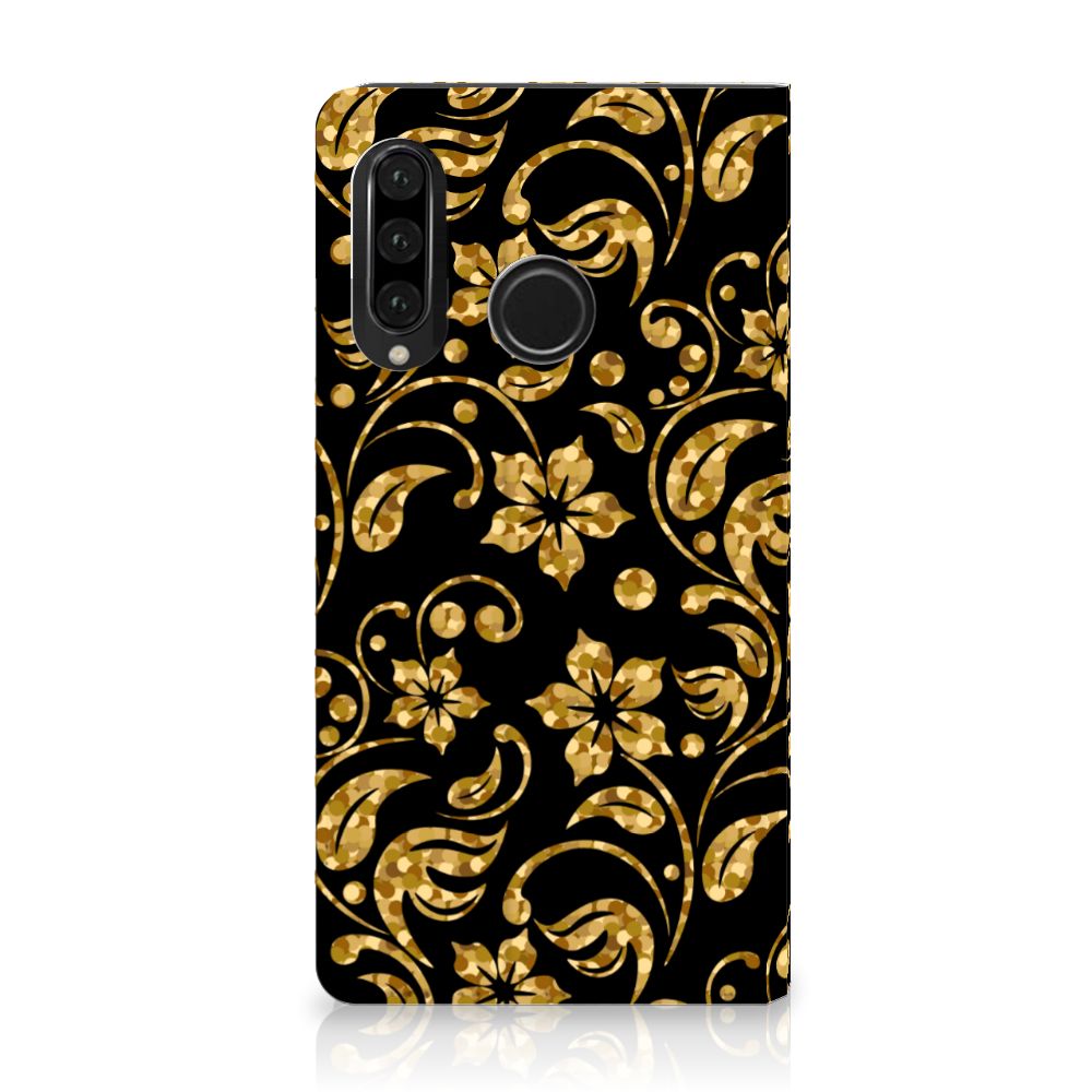 Huawei P30 Lite New Edition Smart Cover Gouden Bloemen