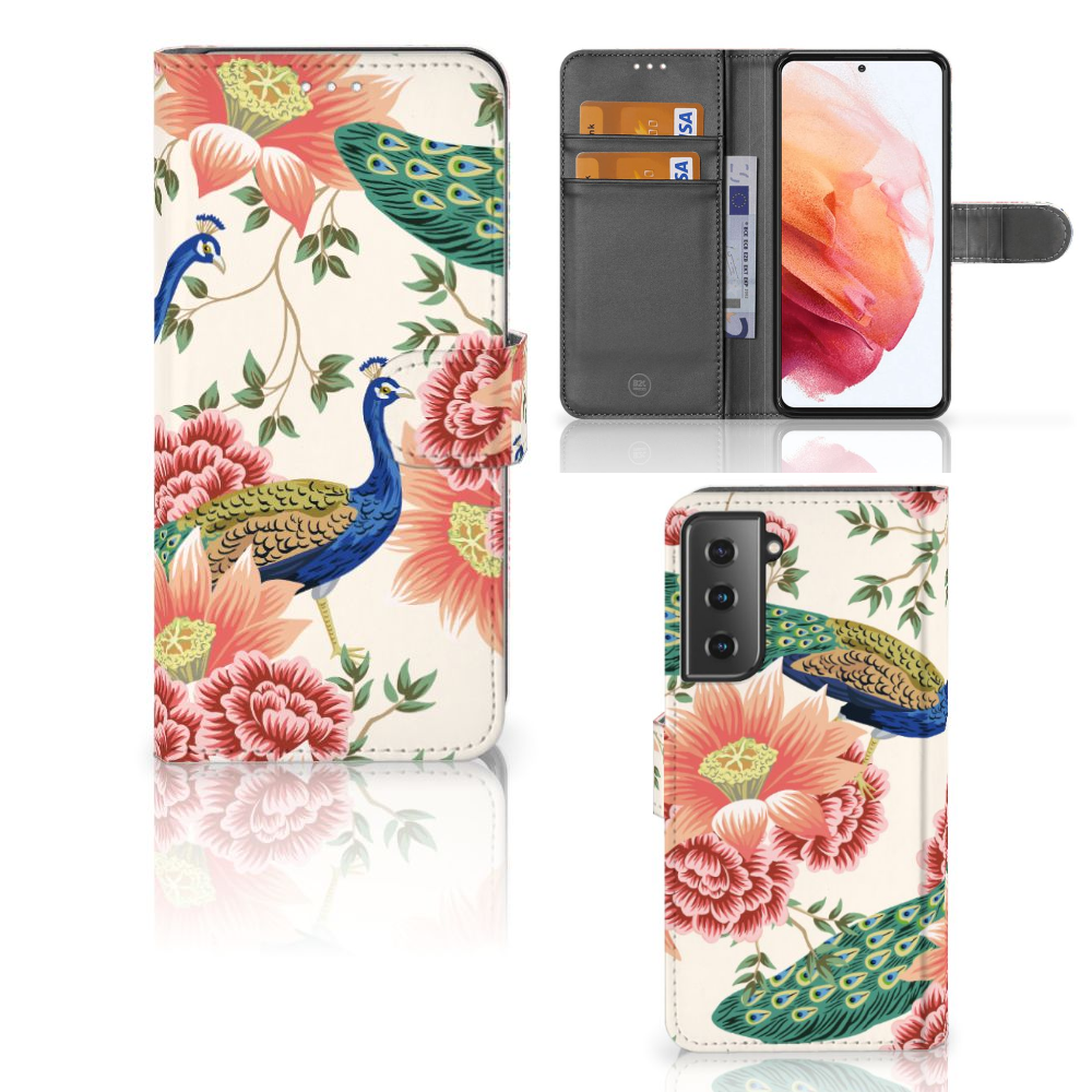 Telefoonhoesje met Pasjes voor Samsung Galaxy S21 Pink Peacock