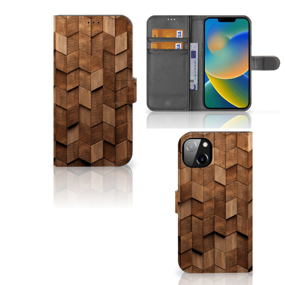 Book Style Case voor iPhone 14 Plus Wooden Cubes